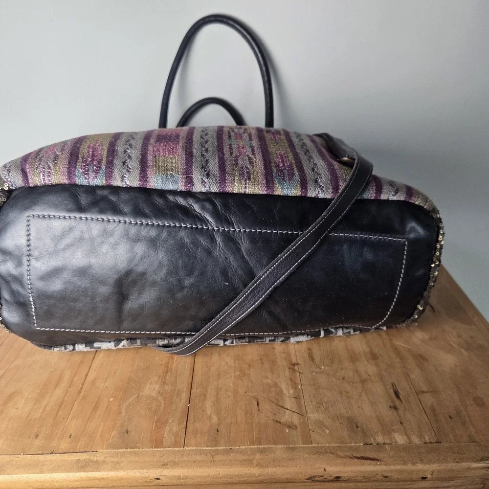 Caterina Lucchi Italy Leather Tapestry Sequin Boho Tote Shoulder Bag Fringe